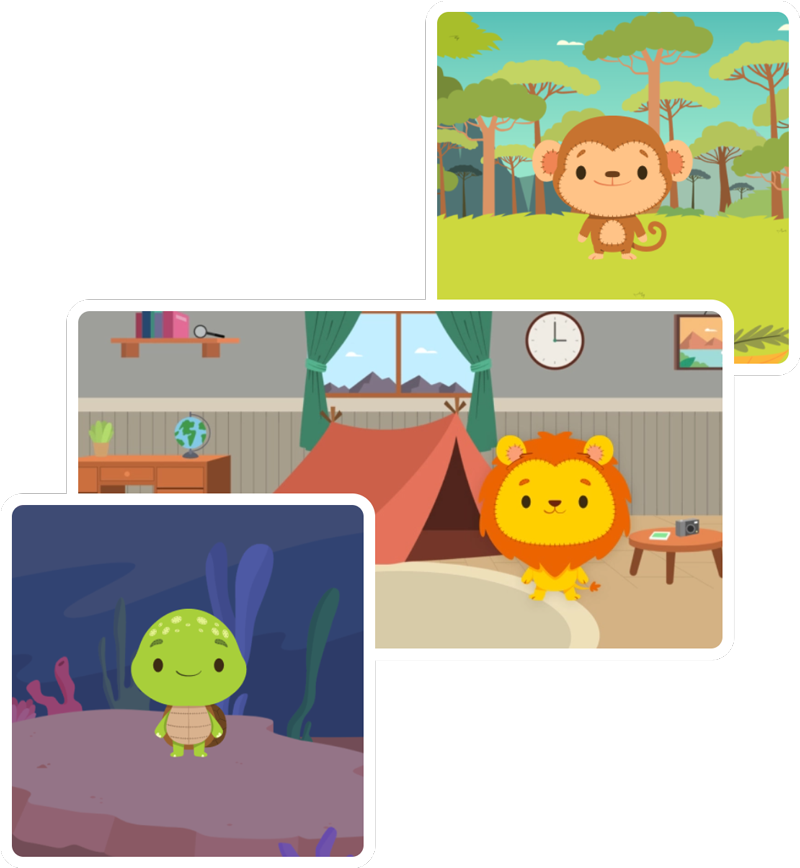 Screenshots of LipLetter Land's animals: Phonics Lion, Literacy Turtle, and Alphabet Monkey
